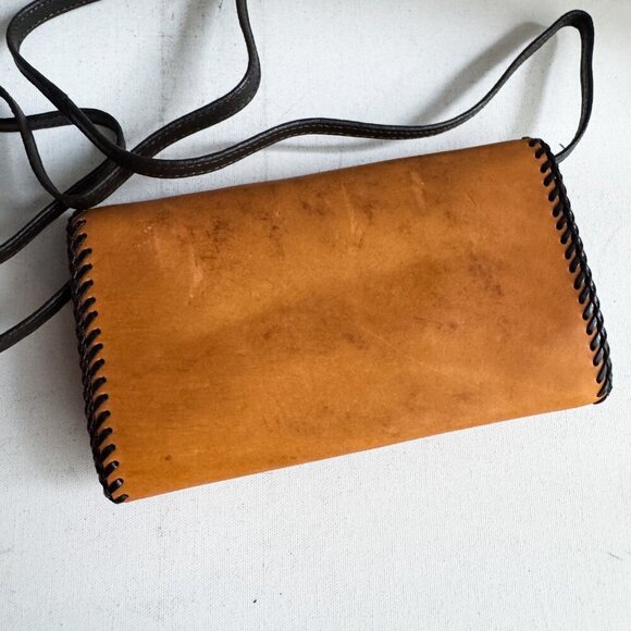 Vintage Leather Hand Tooled Leaf Acorn Print Wallet on A strap Crossbody - Picture 7 of 10